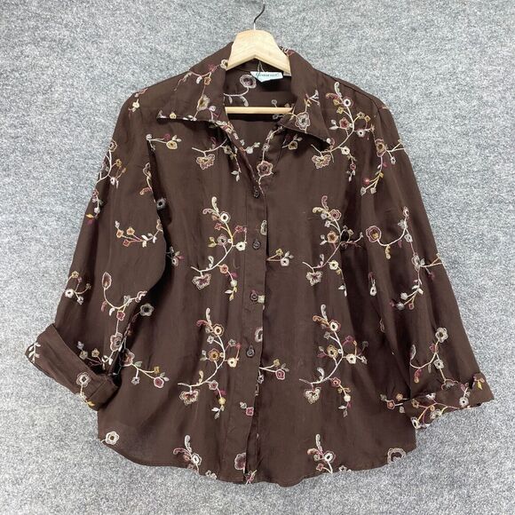 Joanna Shirt Women M Medium Brown Floral Button Up Embroidered Collared Casual - Picture 1 of 7